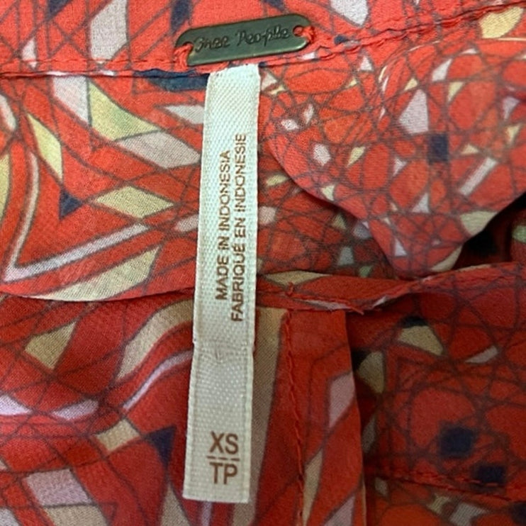 Free People Easy Rider Coral Geometric Semi Sheer Long Sleeve Blouse Top Size XS