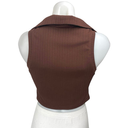 Cider Brown Knit Sleeveless Collared Button Down Crop Shirt Vest Tank Top Size M