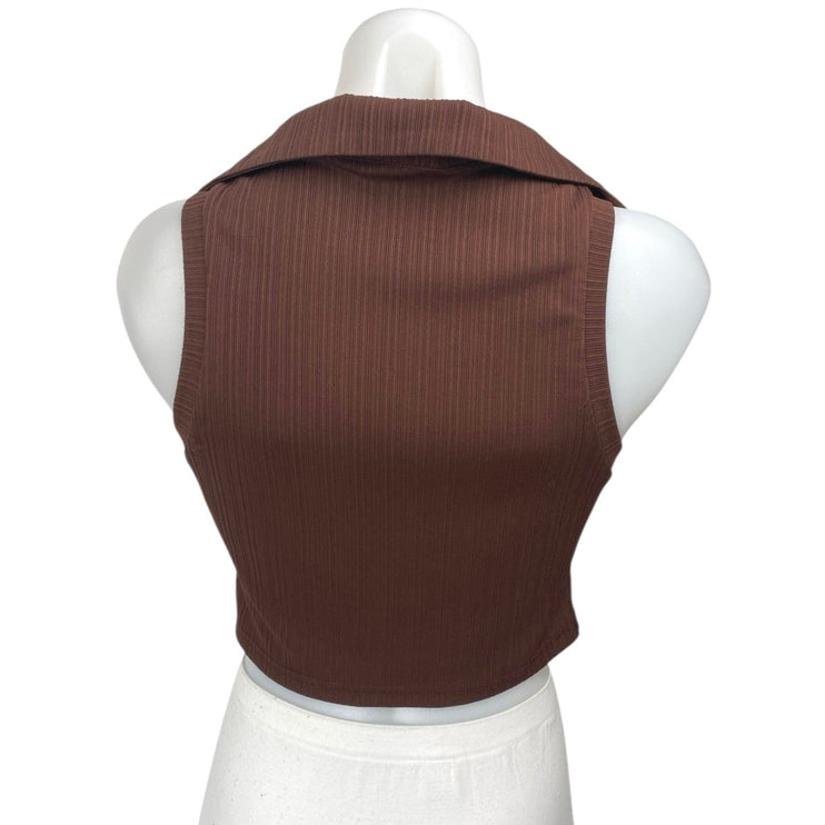 Cider Brown Knit Sleeveless Collared Button Down Crop Shirt Vest Tank Top Size M