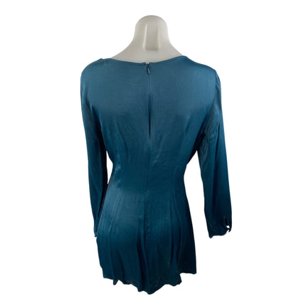 Zara Green Silky Satin Ruched V Neck Long Sleeve Mini Flare A-Line Dress Size M