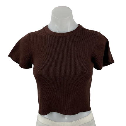 Nuuds Womens Brown Short Sleeve Crew Neck Ribbed Knit Sculpt Tee Crop Top Size S