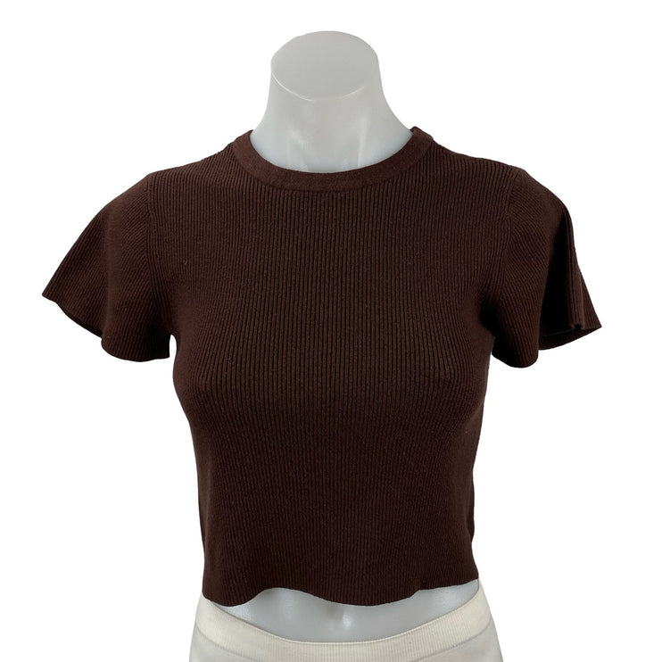 Nuuds Womens Brown Short Sleeve Crew Neck Ribbed Knit Sculpt Tee Crop Top Size S