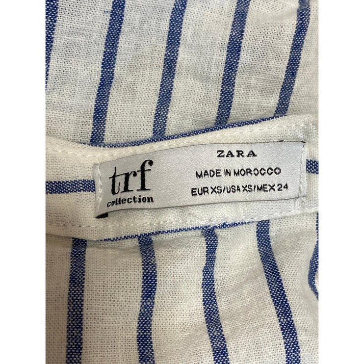 ZARA White Blue Striped V Neck 3/4 Sleeve Button Down Tunic Shirt Blouse Top XS