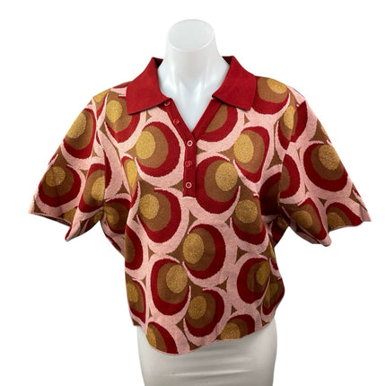Cider Women's Red Geometric Short Sleeve Knit Polo Shirt Sweater Top Size 3XL