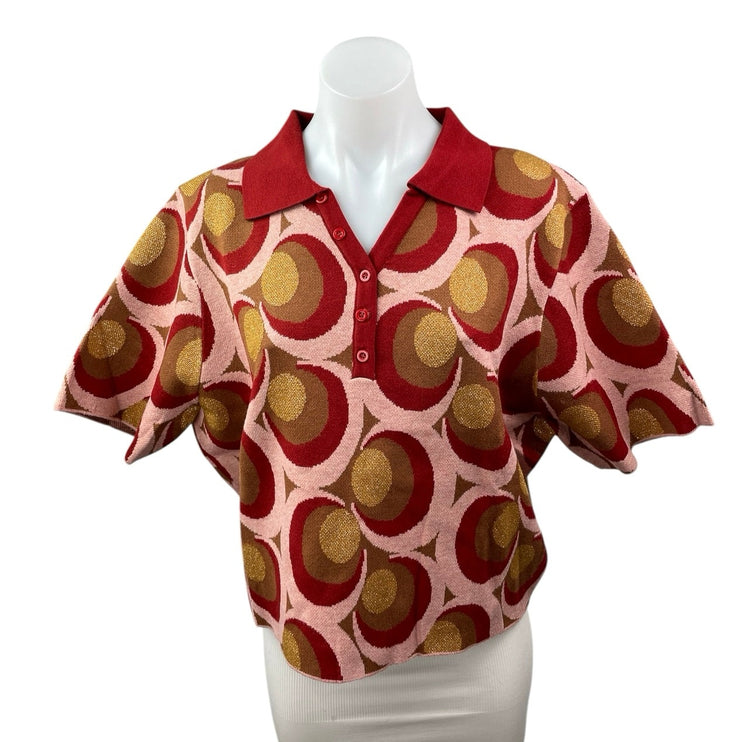 Cider Women's Red Geometric Short Sleeve Knit Polo Shirt Sweater Top Size 3XL