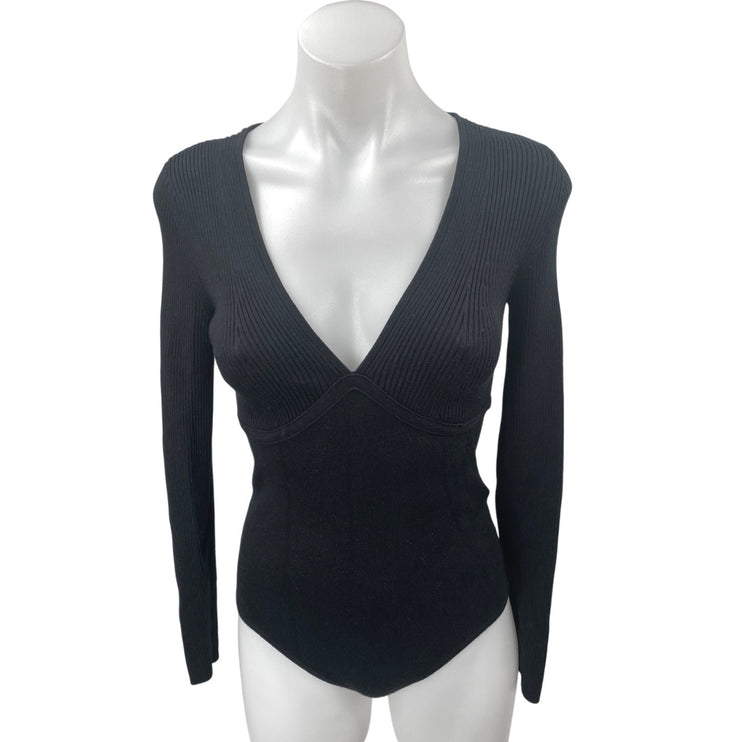 Abercrombie & Fitch Black Rib Knit V-neck Long Sleeve Sweater Bodysuit Top Sz S