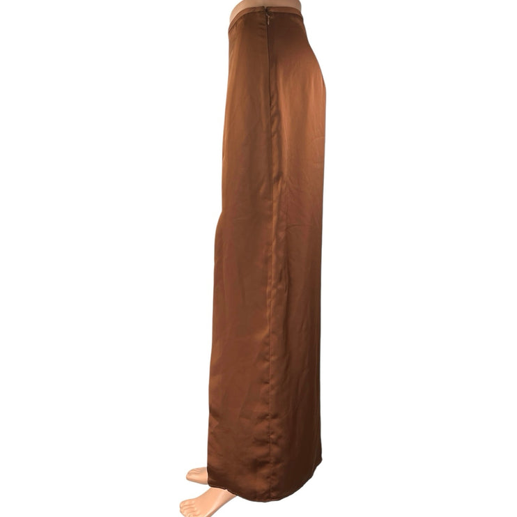 Club Monaco Trycia Brown Silk Satin Slit Zip Midi Straight Pencil Slip Skirt 8