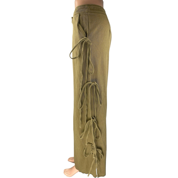 PLT Label Women's Green Mid Rise Side Tie Wide Leg Baggy Trousers Pants Size 4