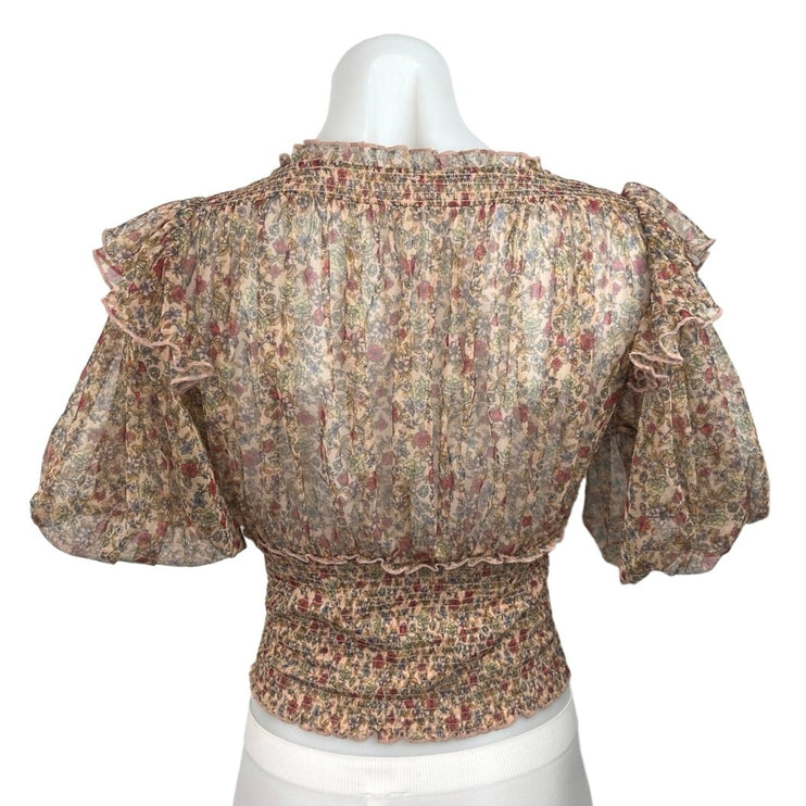 Free People Women's Floral Print Brown Lace Up Puffy Sleeve Blouse Top Size S