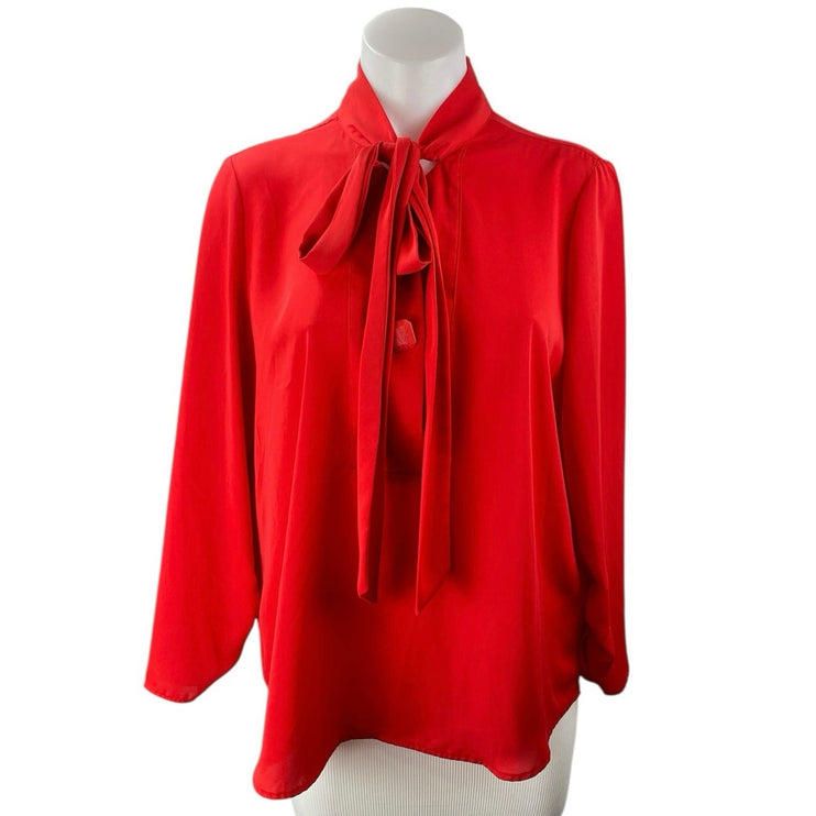 Zara Women's Red Tie Neck Long Puff Sleeve Button Career Shirt Blouse Top Size M