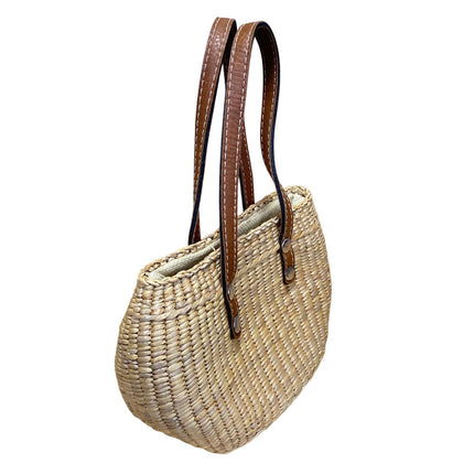 Sea and Grass Inner Drawstring Mini Straw Hyacinth Woven Tote Basket Handbag OS