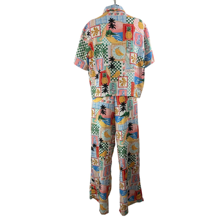 Skies Are Blue Graphic Print Tropical Button Down Shirt Pants 2 Piece Set Size L