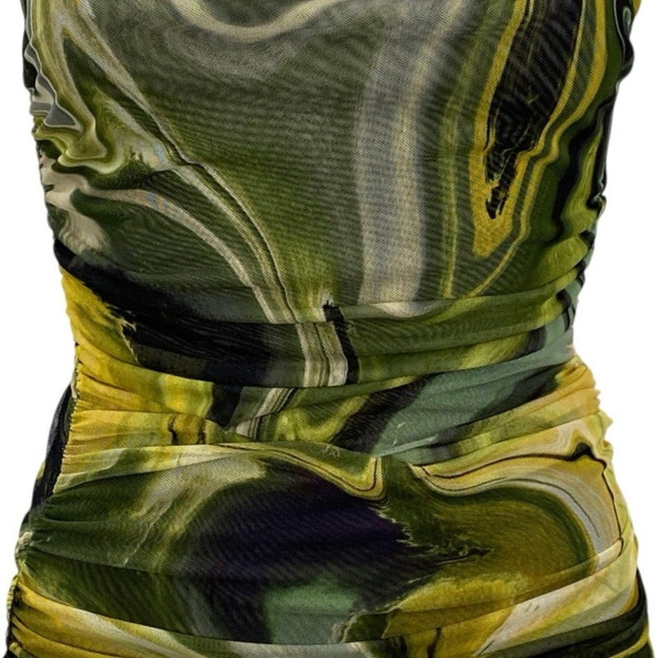 Zara Marble Mesh Tulle Ruched Asymmetric One Shoulder Long Sleeve Blouse Top S