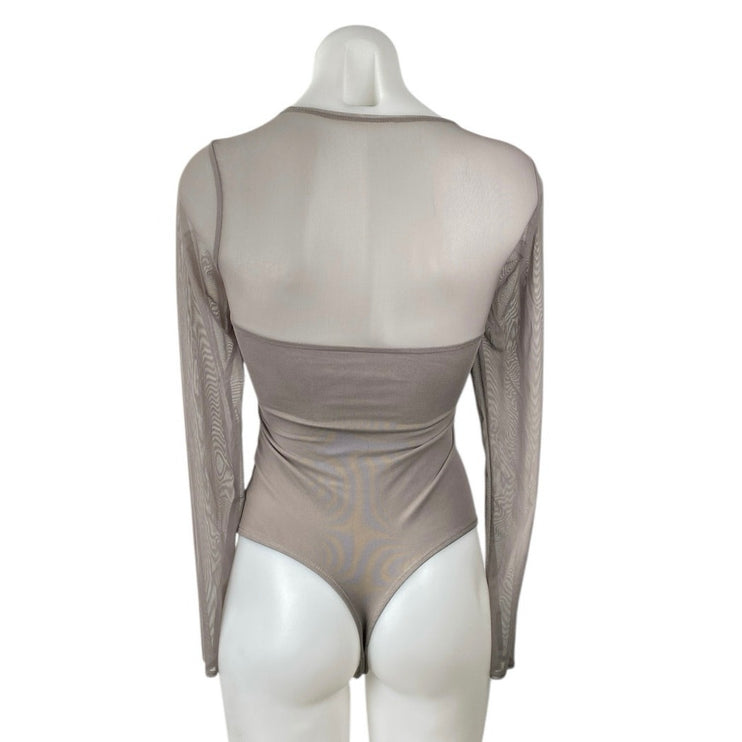 Abercrombie & Fitch Gray Tan Mesh Long Sleeve Square Neck Corset Bodysuit Top S
