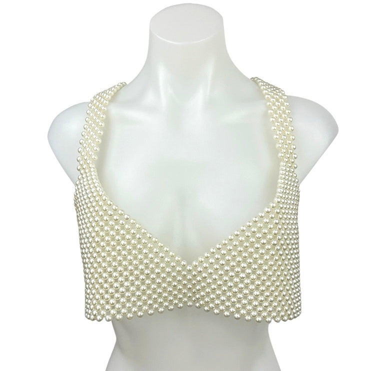 Women's White V Neck Sleeveless Pullover Chic Pearl Chain Beaded Crop Top Size M