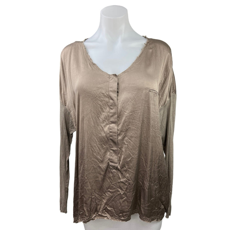 Go Beige 100% Silk Conceal Henley Button Scoop Neck Casual Long Sleeve Top Sz M