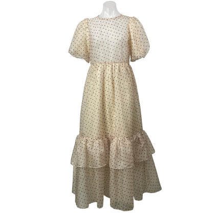 by TiMo Cream Short Puff Sleeves Polka Dots Tiered Ruffles A-line Maxi Dress S