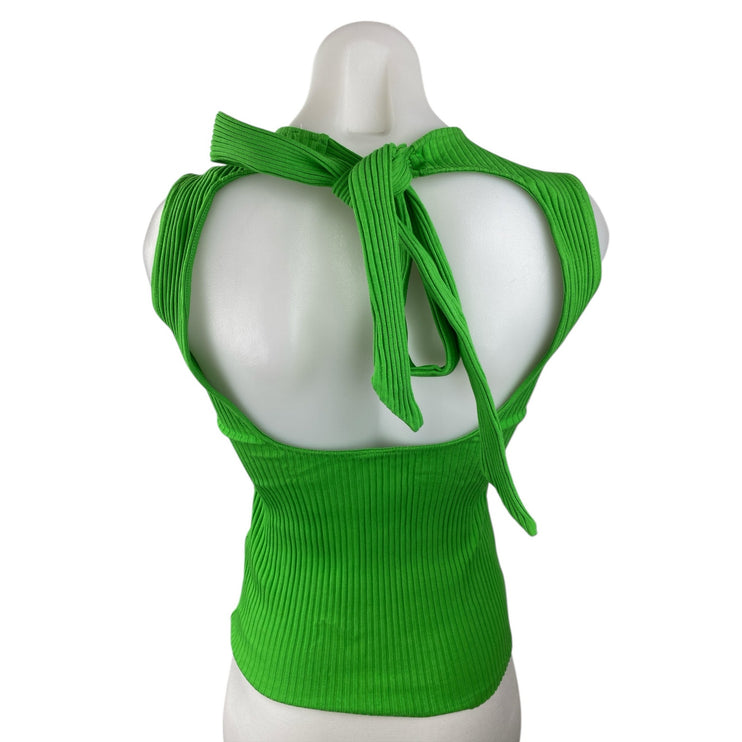 Zara Women's Green Ribbed Knit Sleeveless Open Back Crewneck Tie Tank Top Size L