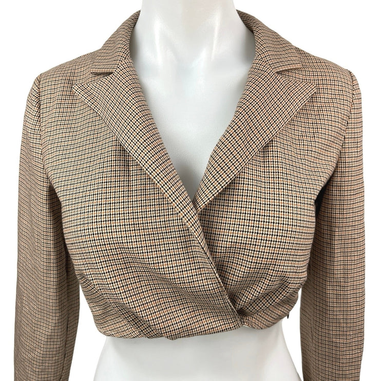 Zara Beige Houndstooth Collared Notch Lapel Long Sleeve Blazer Crop Top Size XS