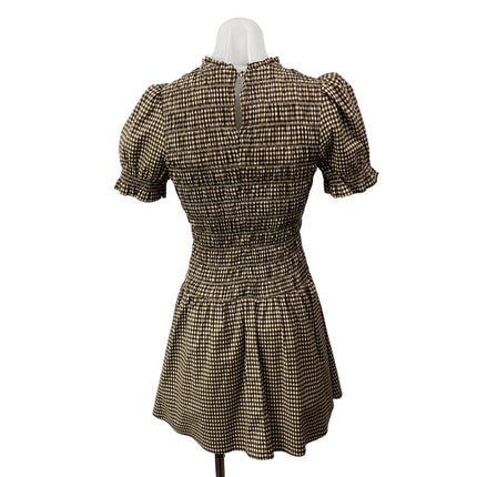 Reformation Leannah Brown Short Puff Sleeves Plaid Check Smocked Mini Dress Sz 2