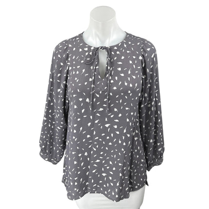 Ann Taylor Loft Gray Printed Long Sleeve Keyhole Tie Neck Blouse Top Size XS