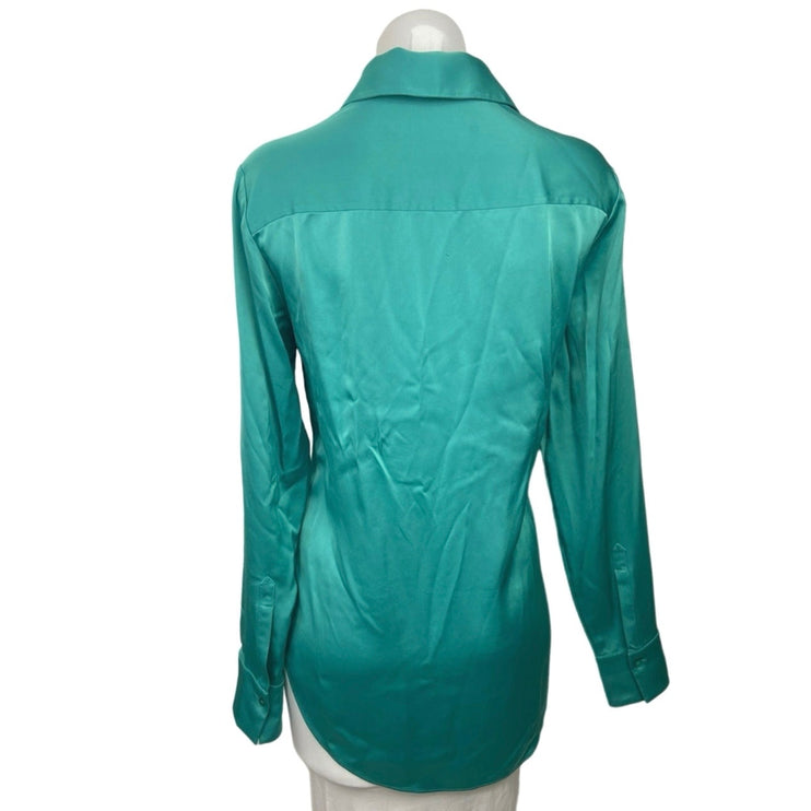 GSTQ Blue Collared Silky Satin Shiny Long Sleeve Button Down Blouse Top Size M