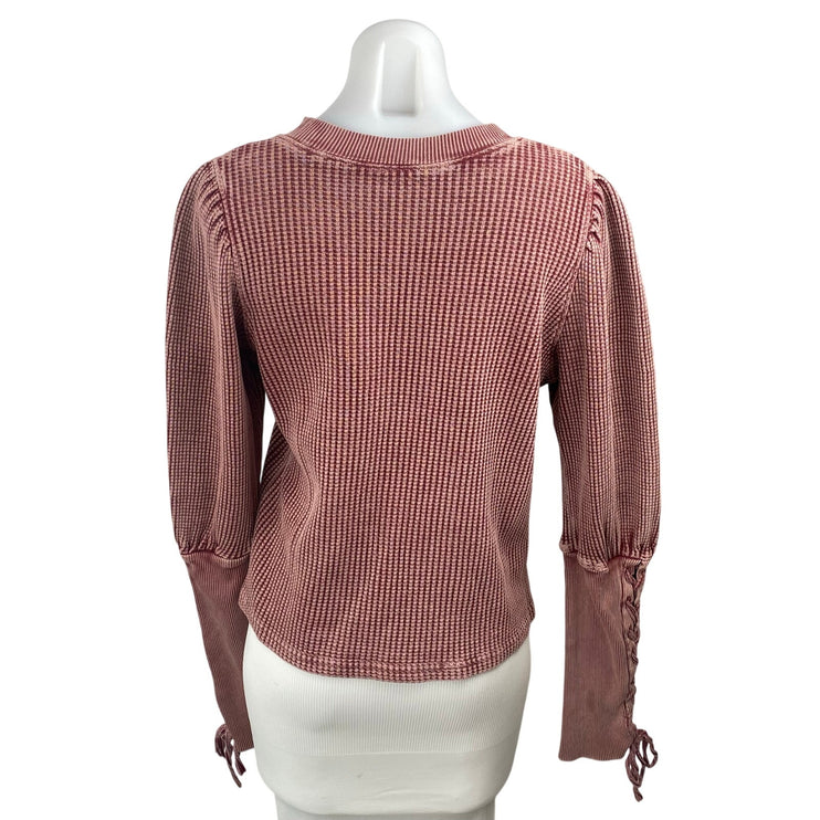 Free People FP One Wesley Maroon Waffle Knit Lace Long Sleeve Thermal Sweater M