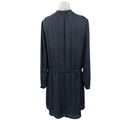Hilary Radley Navy Blue Geometric Leaf Print Long-sleeve Blouson Midi Dress Sz L