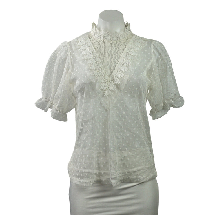 Haute Monde Women's White Short Puff Sleeves Ruffles Sheer Lace Blouse Top Sz S