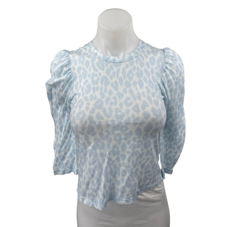 A.L.C Karlie Women's Blue Leopard Animal Print Puff Half Sleeve Blouse Top Sz XS
