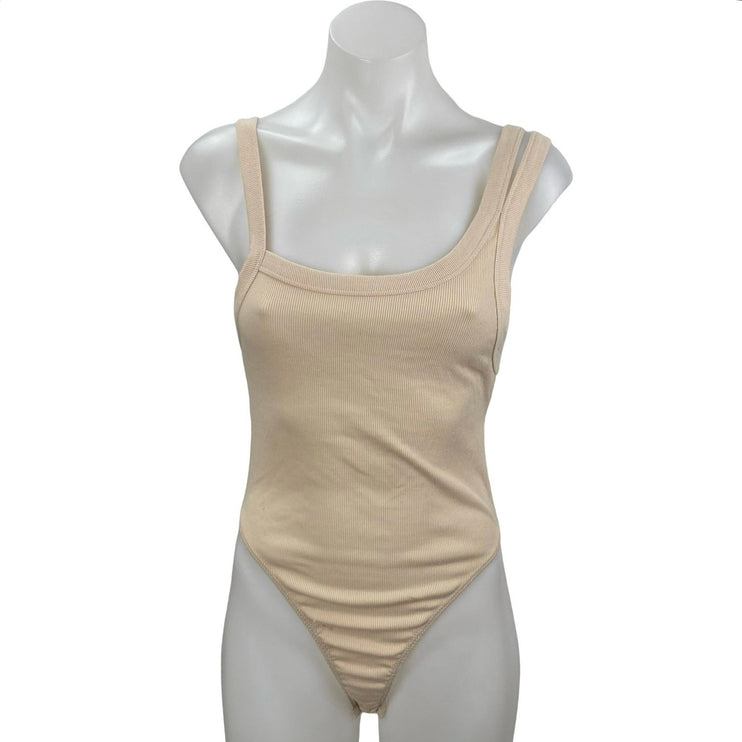 Zara Cream Beige Ribbed Knit Scoop Neck Sleeveless Cami Tank Bodysuit Top Size M