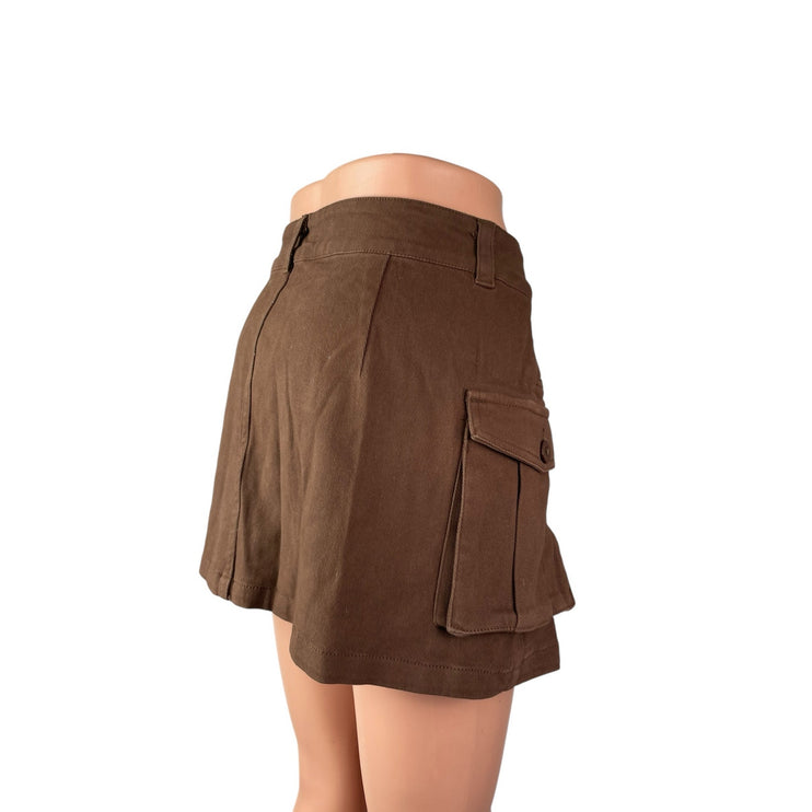 NEW Elleven Women's Brown High Waisted Cargo Utility Mini A Line Skirt Size XL