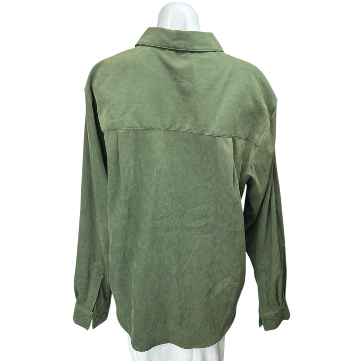 Liz Thomas Women's Green Faux Suede Long Sleeve Collar Button Down Shirt Top L