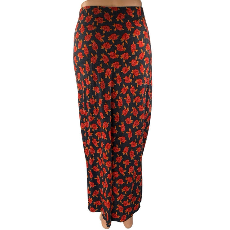 Urban Outfitters Black Multicolor Floral Roses Side Slip Midi Slip Skirt Size S