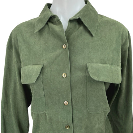 Liz Thomas Women's Green Faux Suede Long Sleeve Collar Button Down Shirt Top L