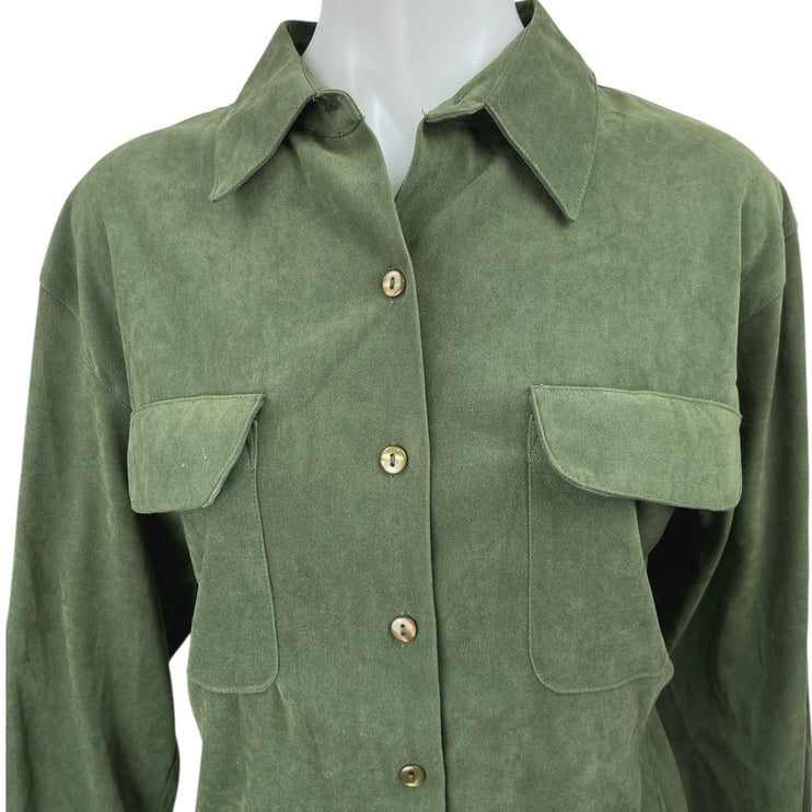 Liz Thomas Women's Green Faux Suede Long Sleeve Collar Button Down Shirt Top L