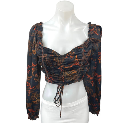 Urban Outfitters Caroleena Black Orange Ruched Puff Sleeve Blouse Crop Top Sz M