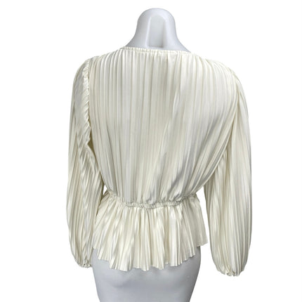 Japna Cream White Silky Satin Pleated Faux Wrap Long Sleeve Peplum Blouse Top M