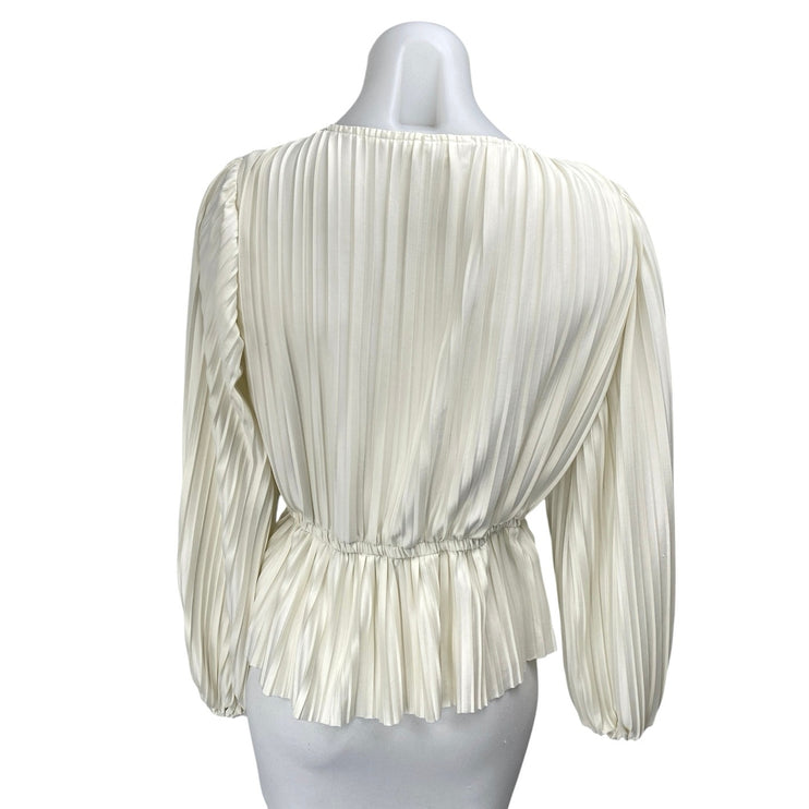 Japna Cream White Silky Satin Pleated Faux Wrap Long Sleeve Peplum Blouse Top M