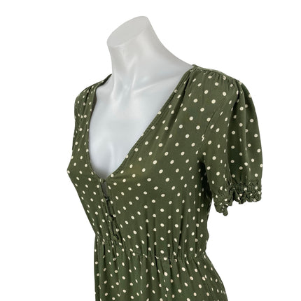 Zara Womens Green Polka Dot V Neck Puff Sleeve Button Midi Flare A-Line Dress XS