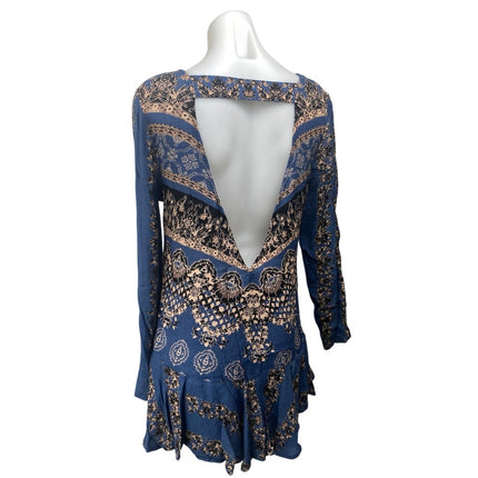 Free People Smooth Talker Blue Floral Long Sleeve Boho Mini Tunic Dress Size S