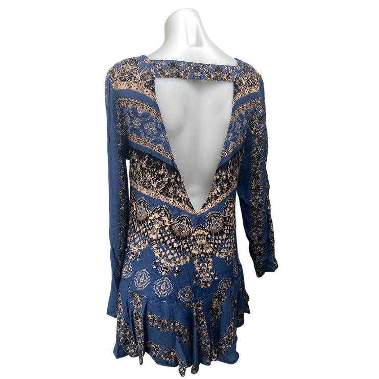Free People Smooth Talker Blue Floral Long Sleeve Boho Mini Tunic Dress Size S