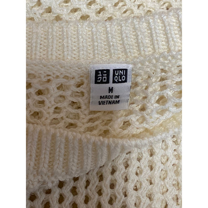 Uniqlo Women's Cream Linen Open Knit Crochet Crew Neck Long Sleeve Sweater Top M