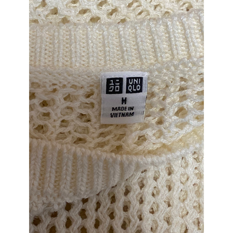Uniqlo Women's Cream Linen Open Knit Crochet Crew Neck Long Sleeve Sweater Top M