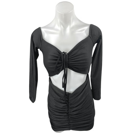 Adika Black Cut-Out Long Sleeve Ruched Tie Sweetheart Neck Mini Bodycon Dress M