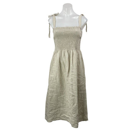 Aritzia Wilfred Golden Hour 100% Linen Beige Smocked Sleeveless Midi Dress Sz M