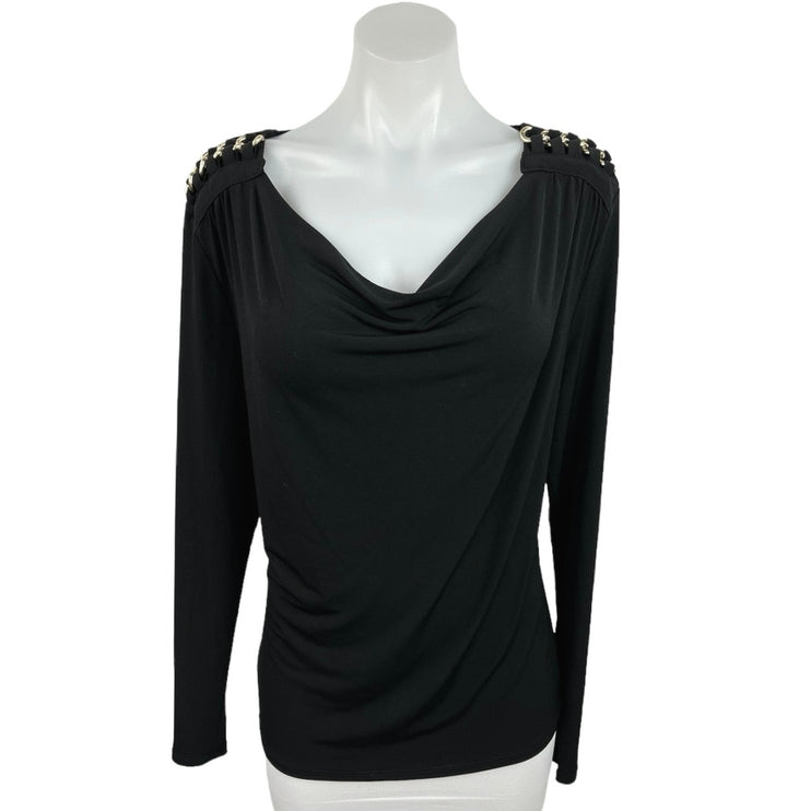 Carmen Marc Valvo Gold Chain Link Black Cowl Neck Long Sleeve Blouse Top Size L