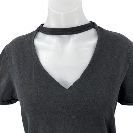 Allsaints Women's Black Short Sleeve Cutout Choker V-Neck Blouse Shirt Top Sz S