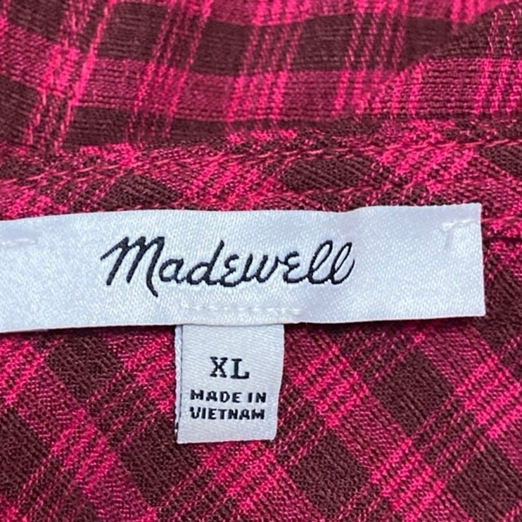 Madewell Red Long Sleeve Plaid Crinkle V Neck Tie Peplum Blouse Top Size XL