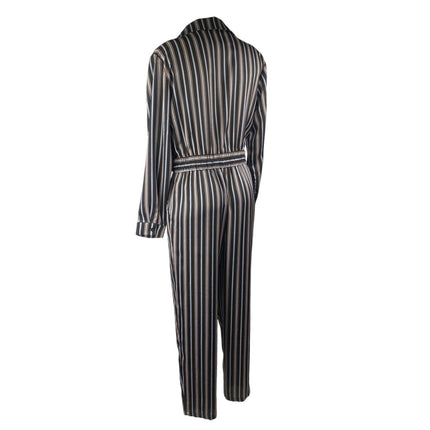Lulus Black Striped Long Sleeve Drawstring Pockets Button Down Shirt Jumpsuit S